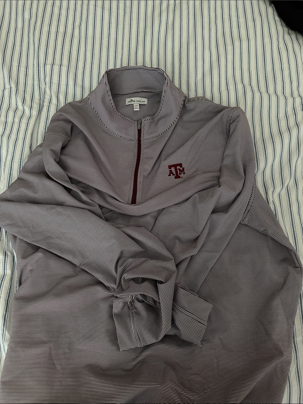 Peter Millar Maroon & White Striped Half-Zip Pullover